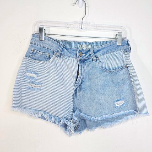 Rewash Blue Colorblock Pinstripe Acid Wash Raw Hem Cut off Denim Mom Shorts - Picture 1 of 7